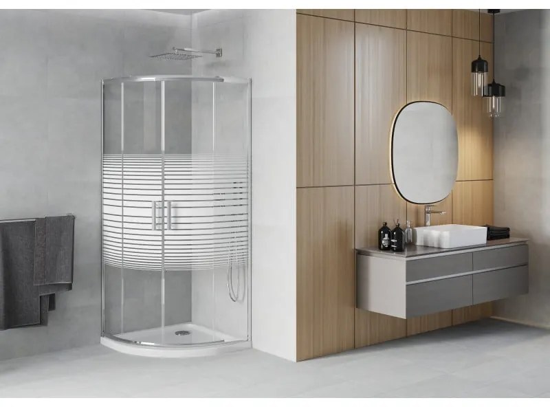 Mexen Rio, štvrťkruhový sprchovací kút s posuvnými dverami 90 x 90 cm, 6mm číre sklo-pásiky, chrómový profil + biela sprchová vanička, 863-090-090-01-20-4110