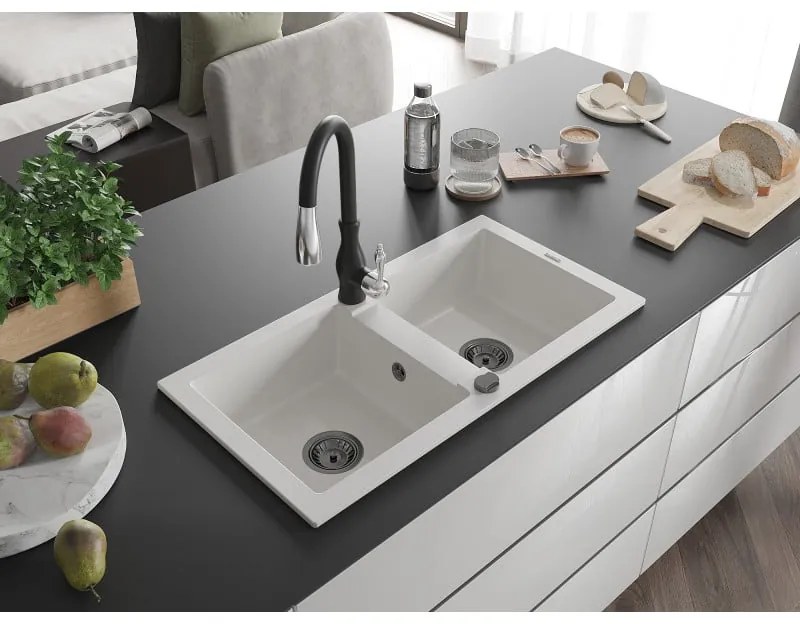 Mexen Mario, 2-komorový granitový drez 820x436x161 mm a drezová batéria Savita, biela, 6504-20-672601-70
