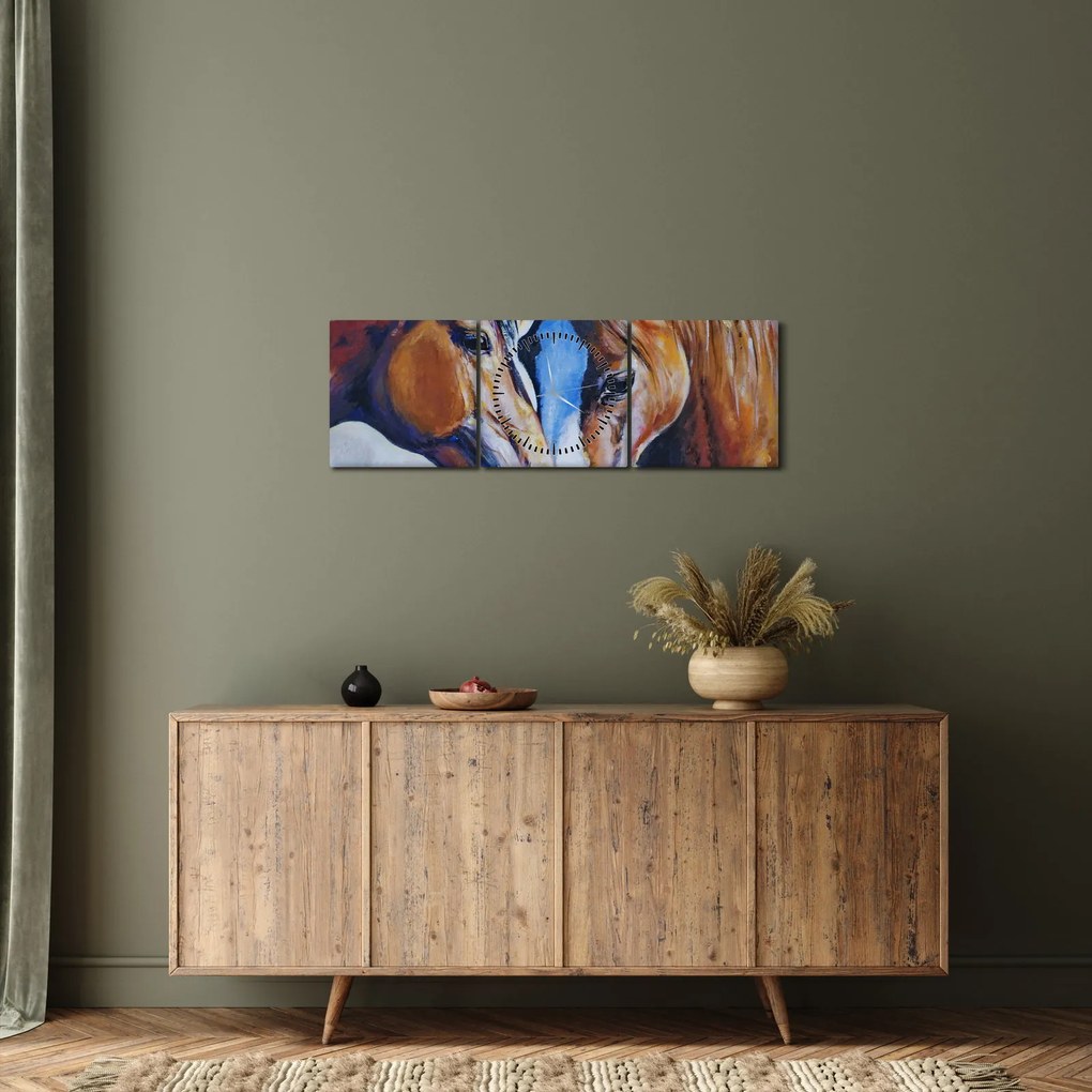 Obraz - Zamilované kone (s hodinami) (90x30 cm)