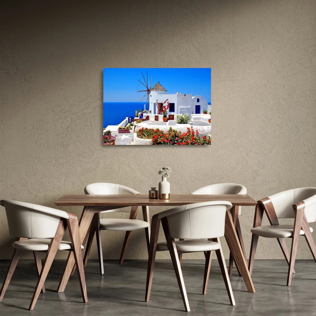 Sklenený obraz - Domček v Grécku (70x50 cm)
