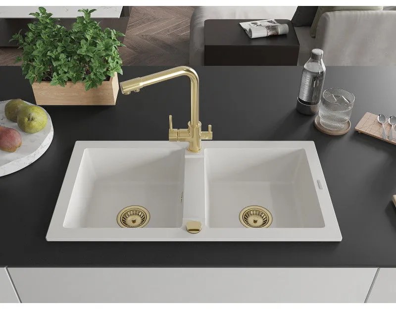 Mexen Mario, 2-komorový granitový drez 820x436x161 mm a zlatá lesklá drezová batéria Duero, biela, 6504-20-671600-50