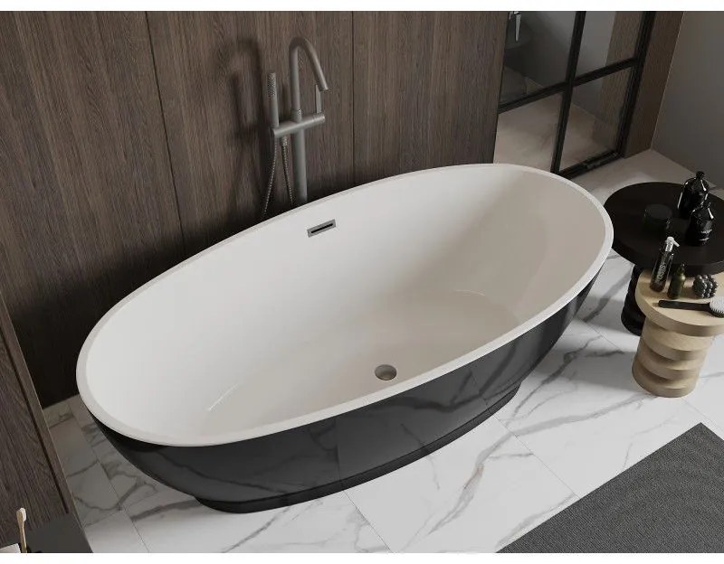 Mexen Bilbao, voľne stojaca vaňa 180 x 90 cm, biela-čierna, grafitový prepad, 51311809075-66