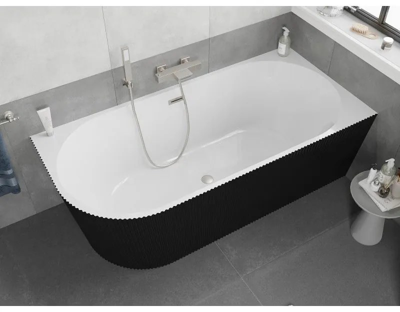 Mexen Silo, rohová voľne stojaca ryhovaná vaňa, pravá, 150 x 75 cm, biela-čierna, oceľový prepad, 52891507575P-97