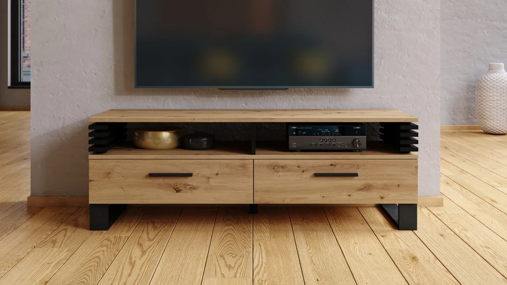 GOKEE RTV-145 Dub Artisan/ Čierna matná - MODERNÁ SKRIŇA POD TELEVÍZOR S LAMELAMI