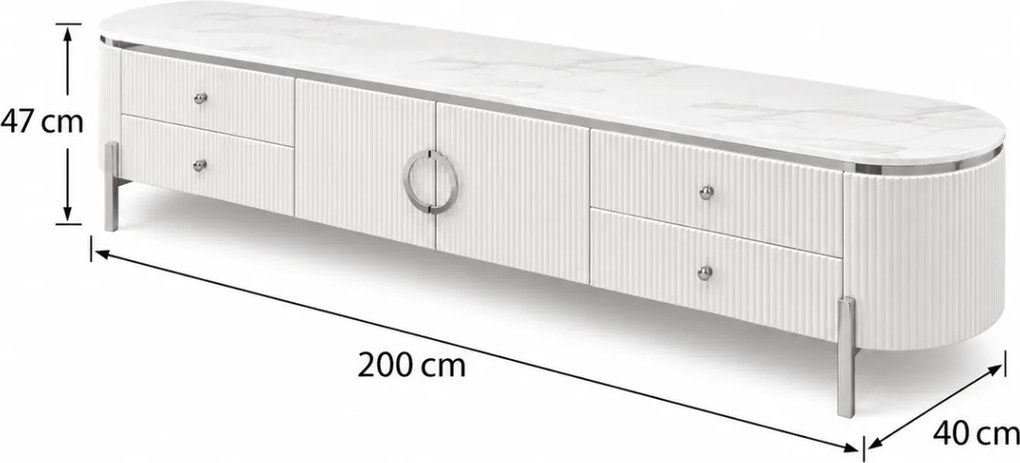 TV STOLÍK GASTON STRIEBORNÉ NOHY + BIELA + MRAMOR 200 cm