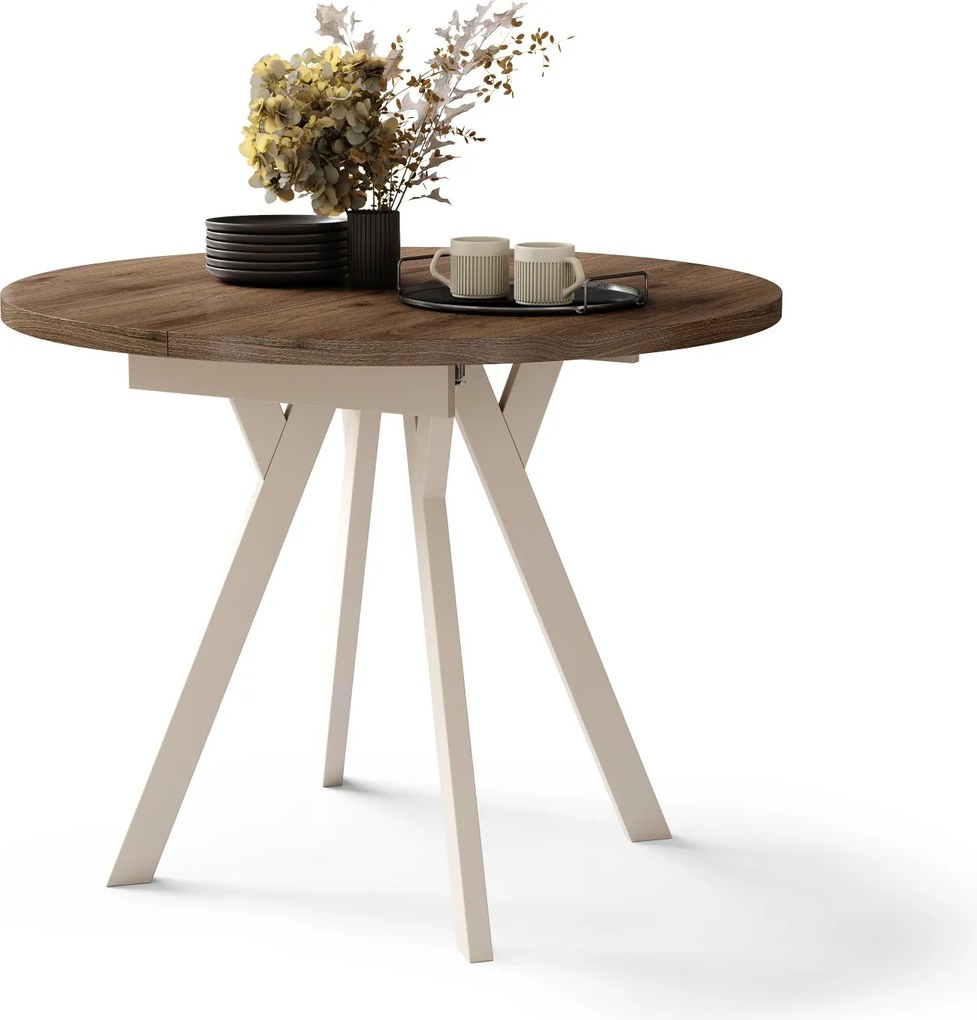 ALMO Elegantný orech/béžové nohy - OKRÚHLY LOFTOVÝ/INDUSTRIÁLNY ROZKLADACÍ STÔL DO OBÝVAČKY/JEDÁLNE