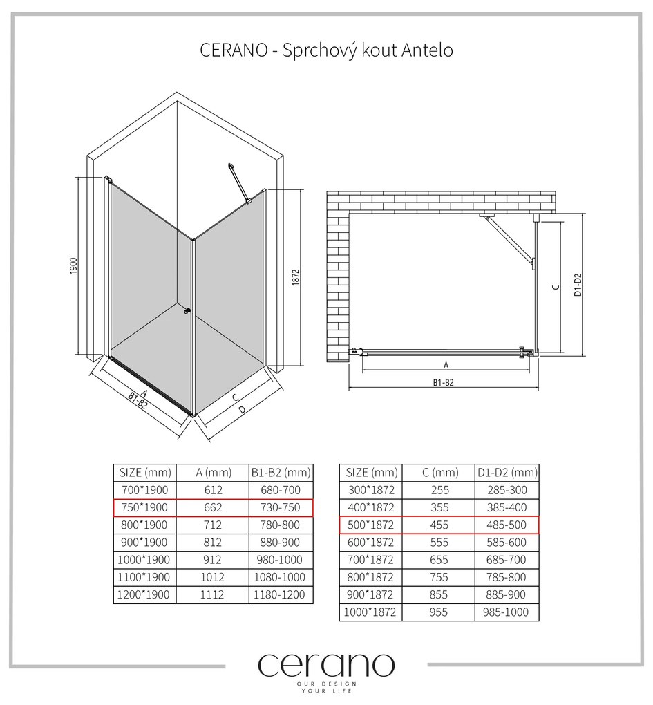 CERANO - Sprchovací kút Antelo L/P - čierna matná, transparentné sklo - 75x50 cm - krídlový, CER-CER-482182