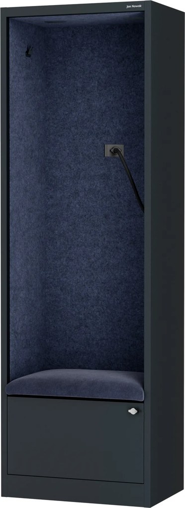 Kancelárska akustická kabína so sedadlom a portom USB-C, telo v antracitovej farbe / sedadlo v tmavomodrá farbe, 600 mm: SALLY MentalBox