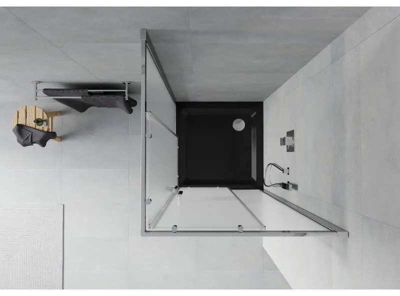 Mexen Rio, štvorcový sprchovací kút s posuvnými dverami 90(dvere) x 90(dvere) x 190 cm, 6mm sklo námraza, chrómový profil + čierna sprchová vanička SLIM, 860-090-090-01-30-4070