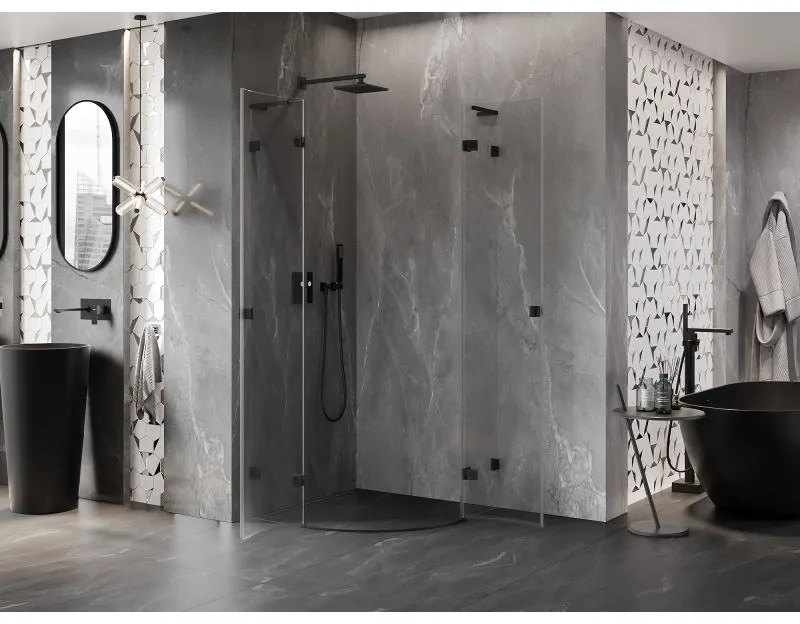 Mexen Lunar, L polkruhový výklopný sprchový kút 90 x 90 cm, 8mm číre sklo, čierny profil, 833L-090L-090P-70-00