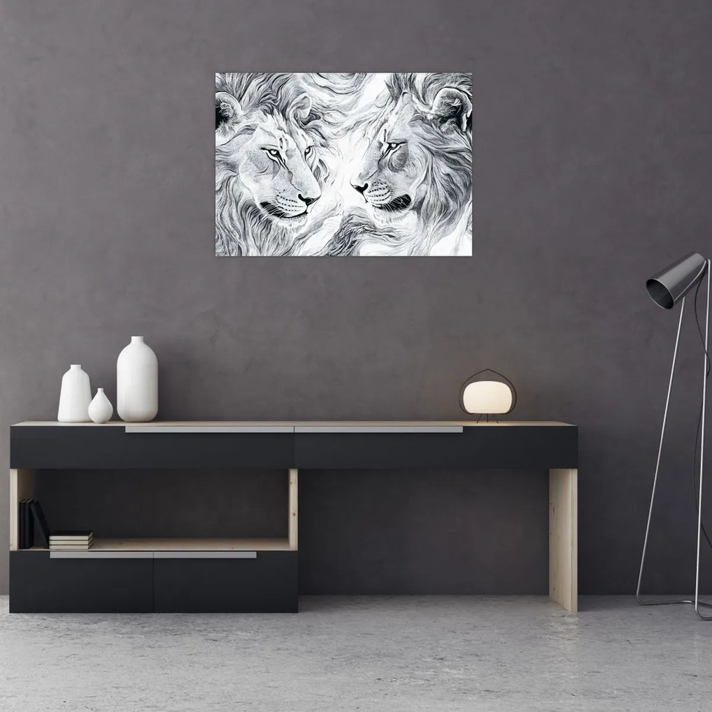 Sklenený obraz - Kreslené levie hlavy (70x50 cm)