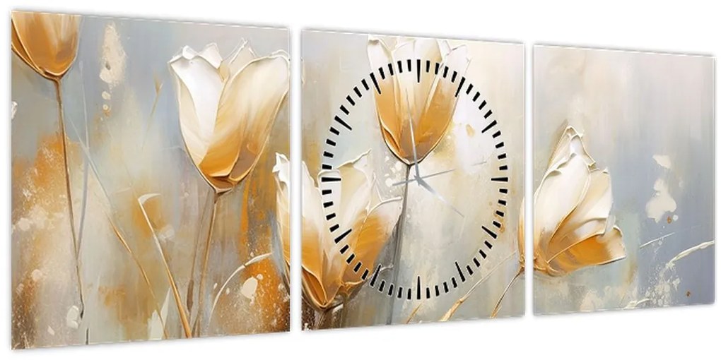 Obraz - Maľba tulipánov (s hodinami) (90x30 cm)