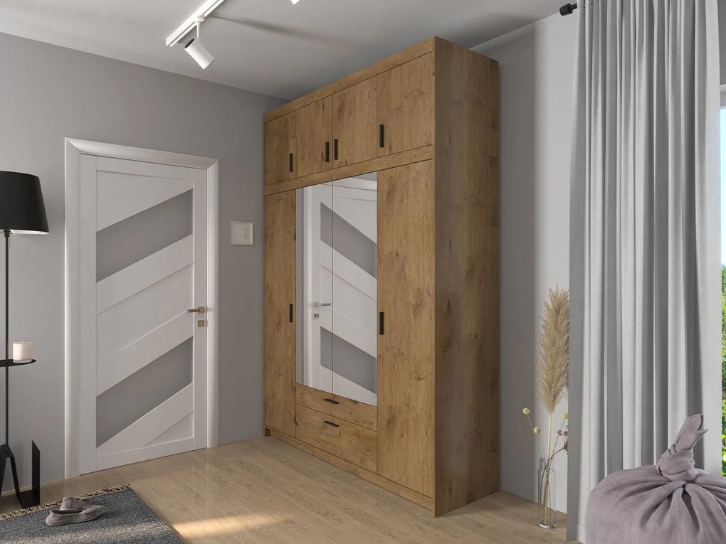 Šatníková skriňa so zrkadlom Melen 4D + nadstavec, Farby: biela
