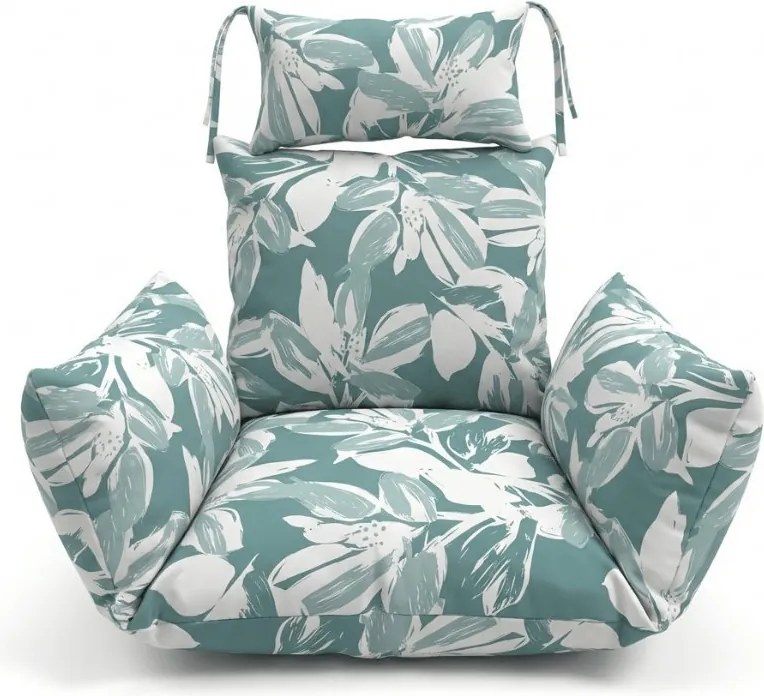 Biele závesné kreslo KOKON bez stojanu, zeleno-biely vankúš