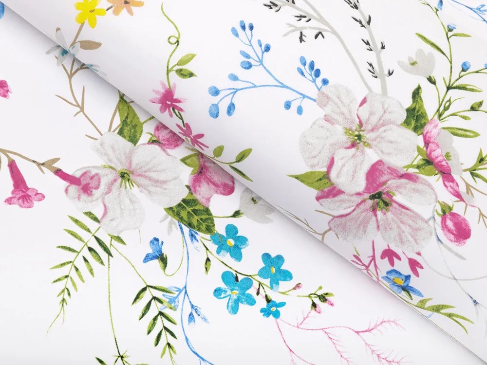 Biante Bavlnený okrúhly obrus Sandra SA-453 Modro-ružové kvety na bielom Ø 150 cm