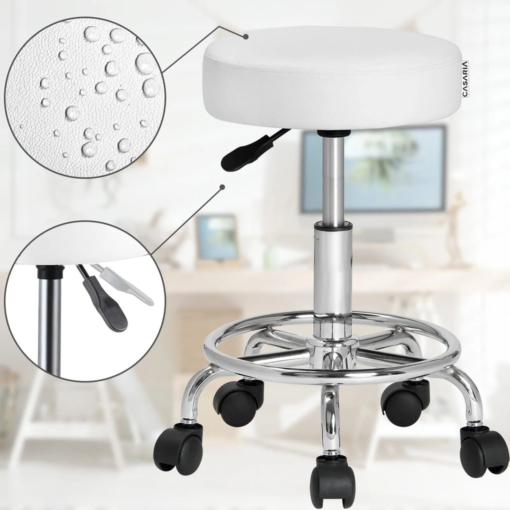 Taburetka na kolieskach OXANA s opierkou na nohy, Ø35cm, biela Casaria