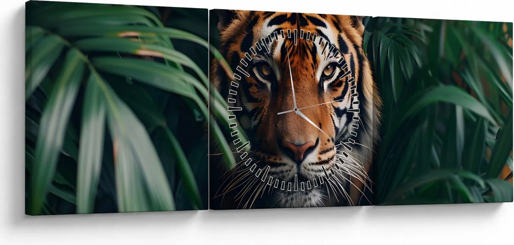 Obraz - Portrét tigra v džungli (s hodinami) (90x30 cm)