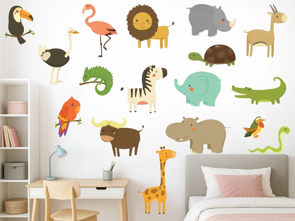 Exotické zvieratká textilní prelepiteľné nálepky na stenu list 46 x 25 cm