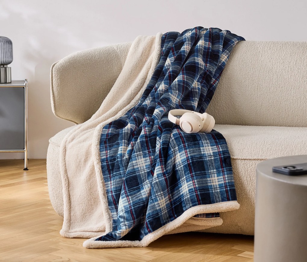 Plyšová károvaná obojstranná deka, modrá