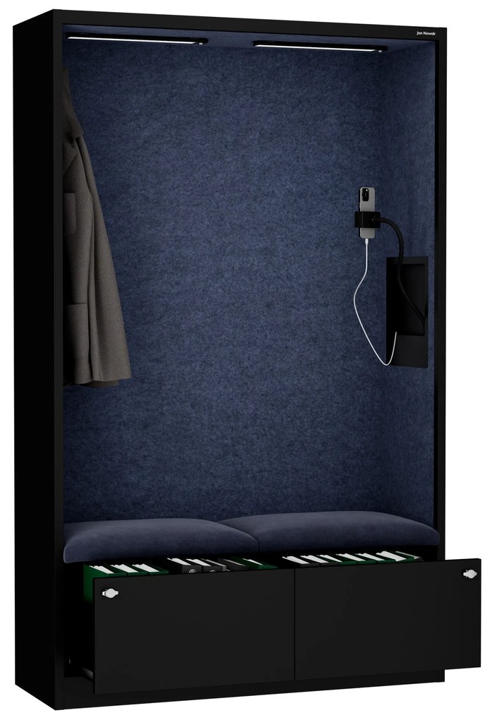 Kancelárska akustická kabína so sedadlom a portom USB-C, telo v čierny / sedák tmavomodrá v zelenej farbe, 1150 mm: SALLY MentalBox