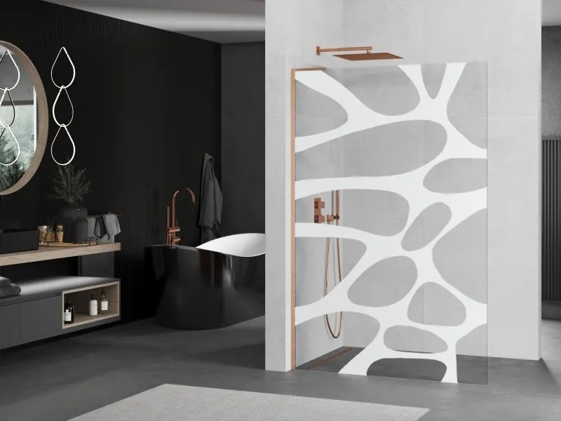 Mexen Kioto L, sprchová zástena Walk-In 120 x 200 cm, 8mm číre sklo biely vzor, medený matný profil, 800-120-103-65-85