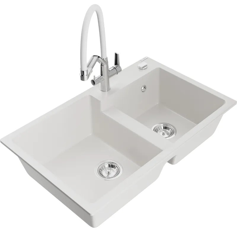 Mexen Tomas, 2-komorový granitový drez 800x500x190 mm a kuchynská batéria Duo, biela, 6516-20-671701-02