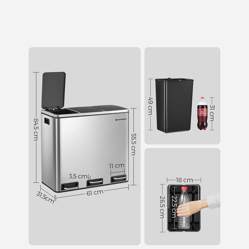 SongmicsHome Kôš na separovanie odpadu SORT 54l (3x18 l), nerezová