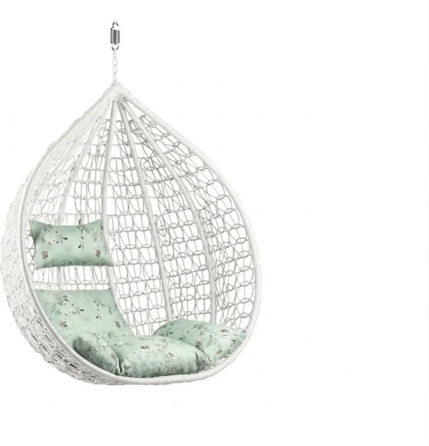Biele závesné kreslo KOKON bez stojanu, svetlozelený vankúš so vzorom