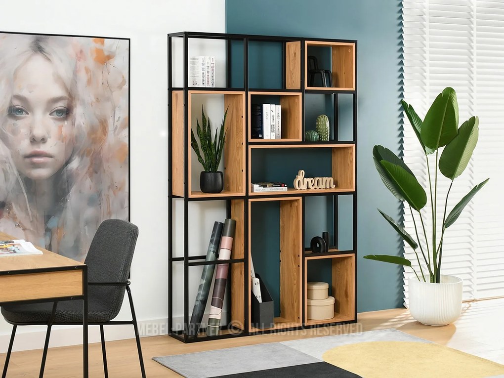 Regál Julia (dub + čierna). Akcia -20%. Vlastná spoľahlivá doprava až k Vám domov. 1111367