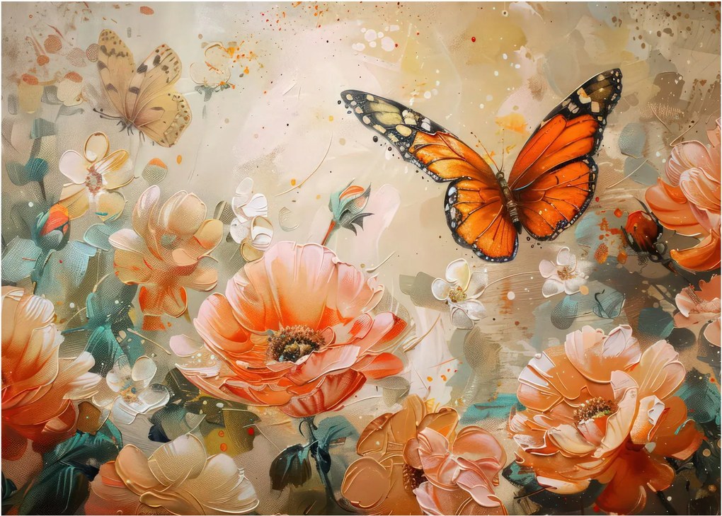 Sklenený obraz - Motýľ a kvety, olejomaľba (70x50 cm)