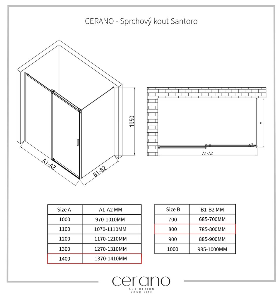 Cerano Santoro, sprchový kút s posuvnými dverami 140(dvere) x 80(stena) x 195 cm, 6mm číre sklo, čierny profil, CER-CER-431521
