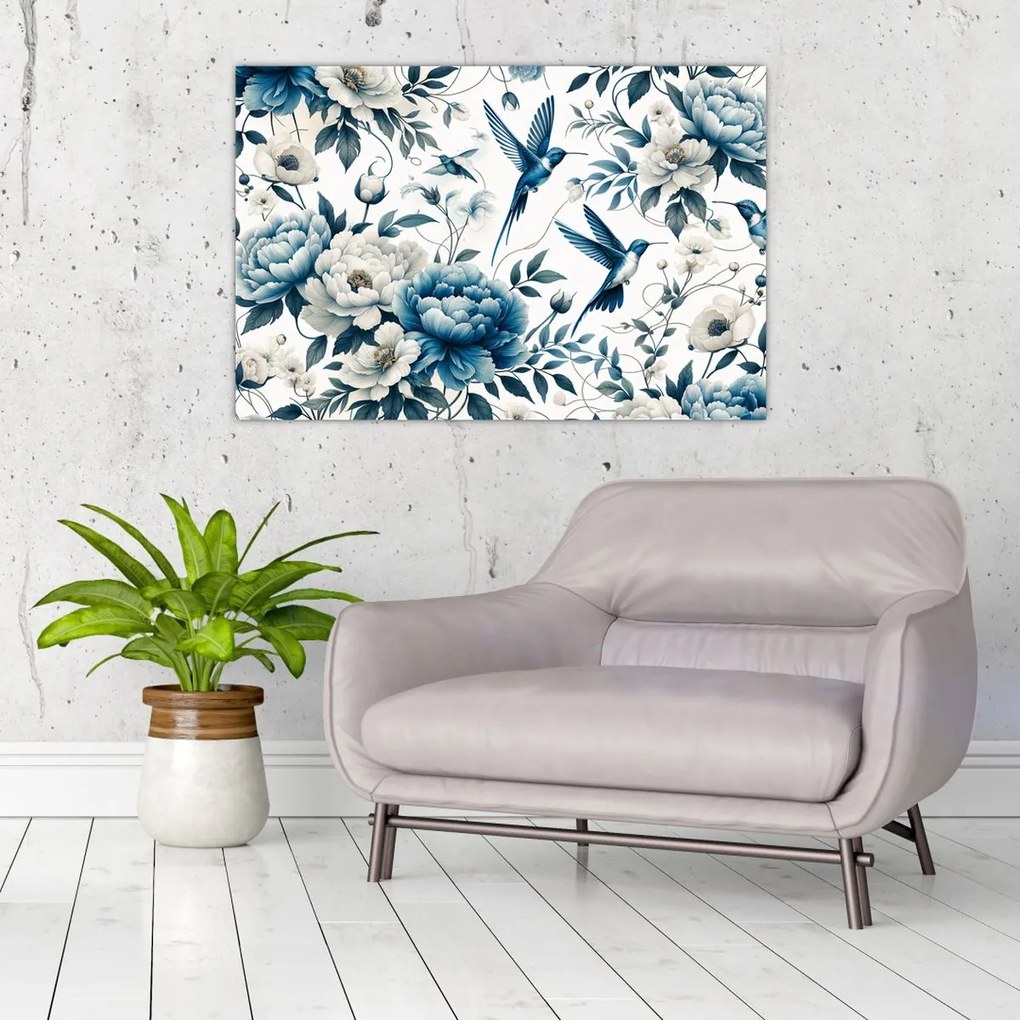 Obraz - Kolibríky s kvetmi (90x60 cm)