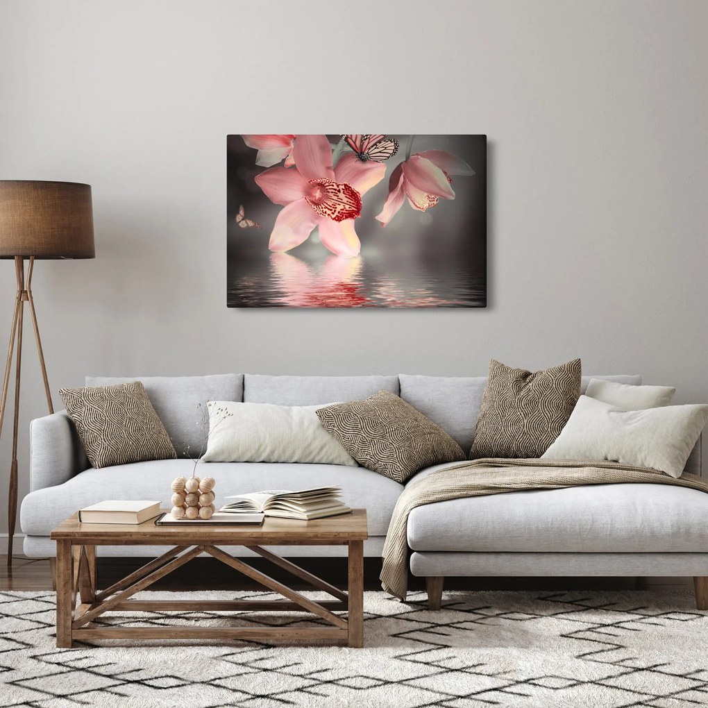 Obraz - Kvety a motýľ (90x60 cm)