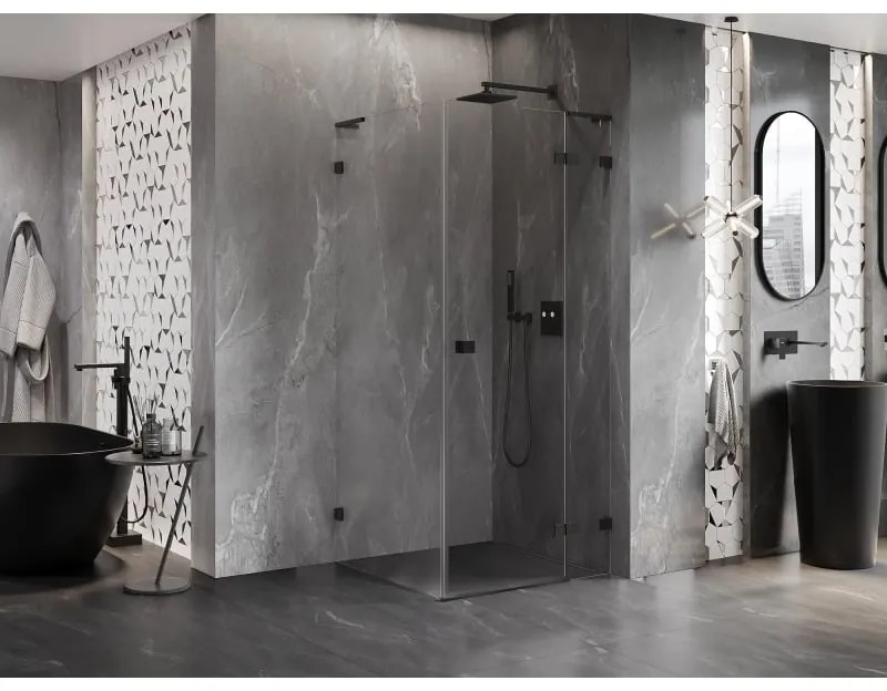 Mexen Lunar, L pravý výklopný sprchový kút 80 x 80 cm, 8mm číre sklo, čierny profil, 834L-080-080-70-00-P