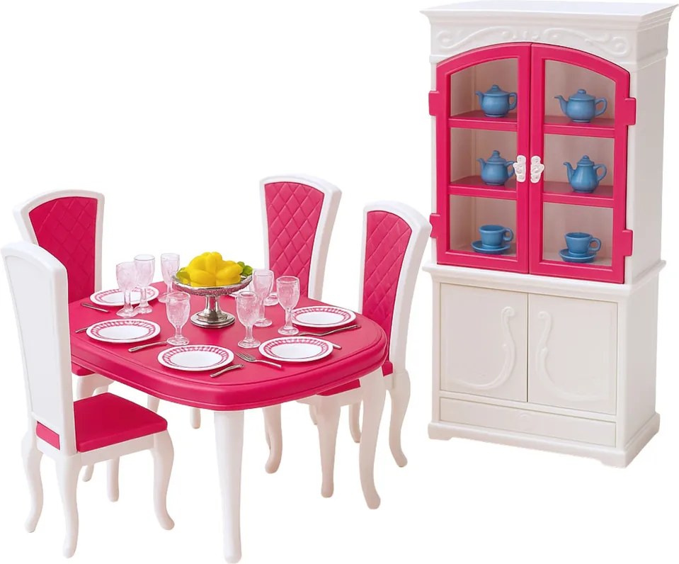 LEAN Toys Jedálenská súprava pre bábiky: stôl, stoličky, skrinka na riad