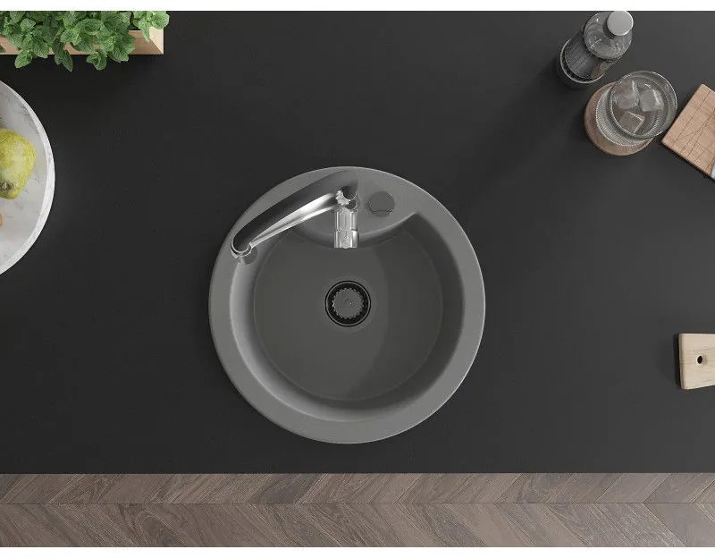 Mexen Diego, 1-komorový granitový drez 488x488x167 mm a drezová batéria Aster, šedá, 6512-71-73450-07-B