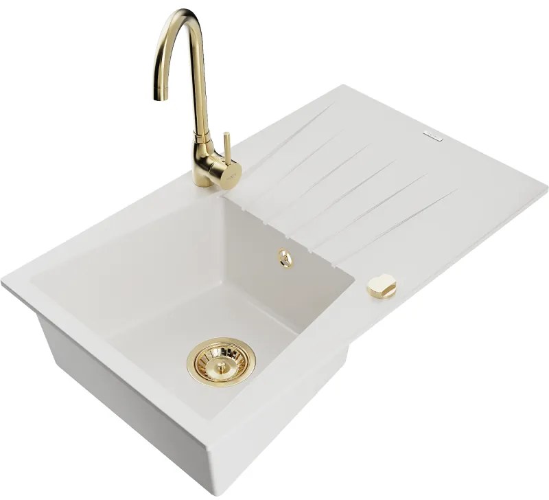 Mexen Cesar, 1-komorový granitový drez s odkvapkávačom 78x47 cm a kuchynskou batériou Telma, biela, 6514-20-670200-50