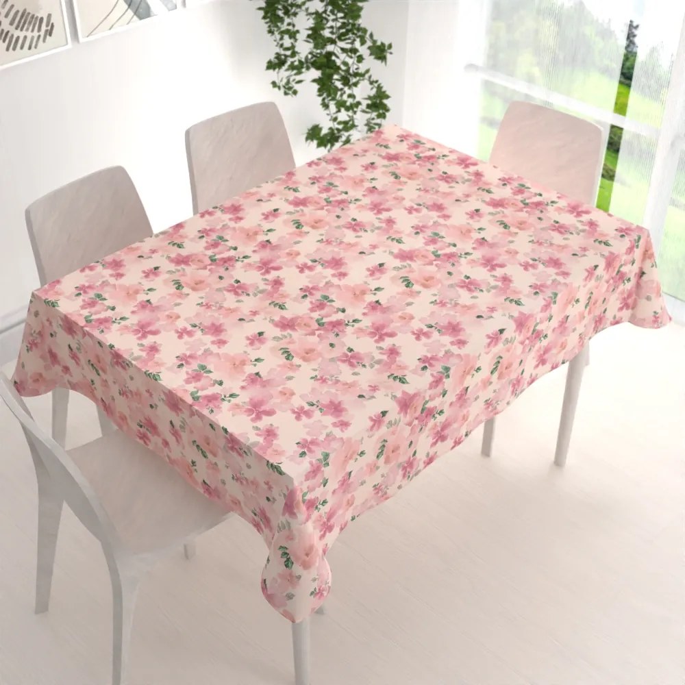 Biante Zamatový obdĺžnikový obrus Tamara TMR-039 Ružovo-fialové akvarelové kvety na svetlo lososovom 50x100 cm