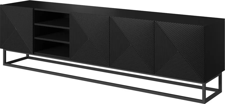 TV skrinka Asha 200 cm s otvorenými policami na podstavci - čierny mat