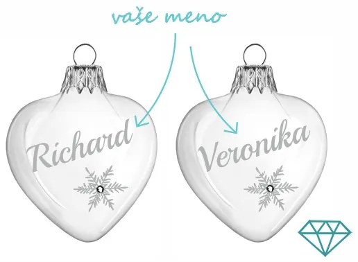 Pieskované banky malé srdiečka Vločka s kryštálom 6,5 cm 2 ks