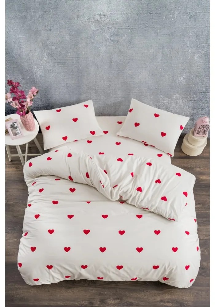 Krémové 4-dielne predĺžené obliečky na dvojlôžko z bavlny Renforcé s plachtou 200x220 cm Mini Hearts – Mila Home