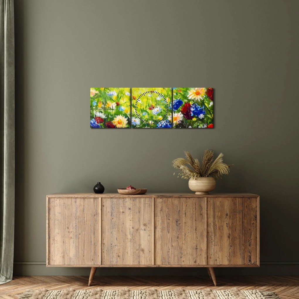 Obraz divokých kvetov (s hodinami) (90x30 cm)