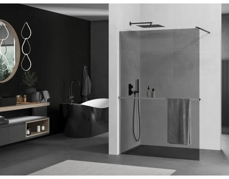 Mexen Kioto+, sprchová zástena Walk-In s poličkou a vešiakom 80 x 200 cm, 8mm šedé sklo, grafitový profil, 800-080-121-95-40