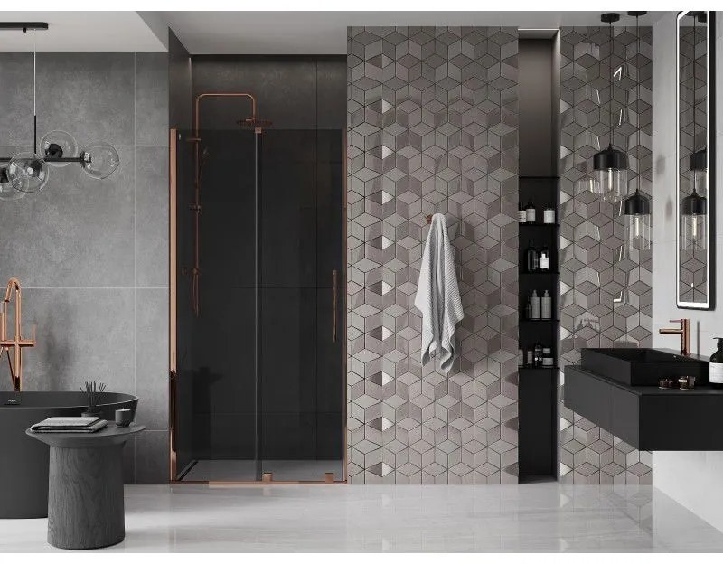 Mexen Velar, posuvné sprchové dvere do otvoru 120 cm, 8mm šedé sklo, ružové zlato, 871-120-000-41-60