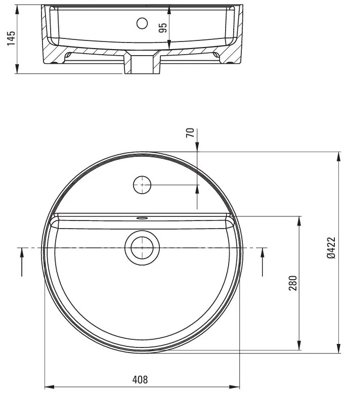Deante Round, umývadlo na dosku s otvorom na batériu 420x420x120mm, biela lesklá, DEA-CGR_6U4B