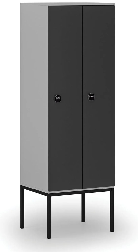 Drevená šatníková skrinka S4 s podnožou, 2 oddiely, 1871 x 600 x 500 mm, demont, RFID zámok, sivá/grafit