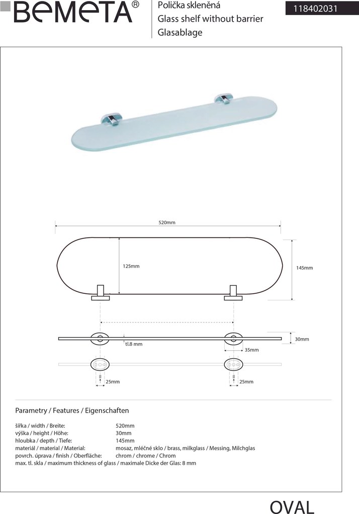 Bemeta Design OVAL: Polička, 520 mm, sklo - 118402031