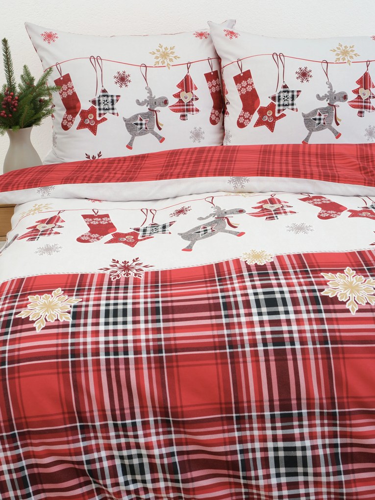 Vianočné predĺžené bavlnené obliečky Renforcé - Sobíci červené