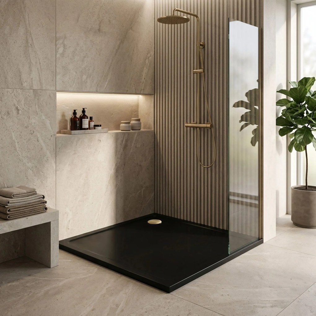 Rea Savoy, sprchová vanička 90x90x6 cm + sifón s chrómovou krytkou, čierna lesklá, REA-K4803