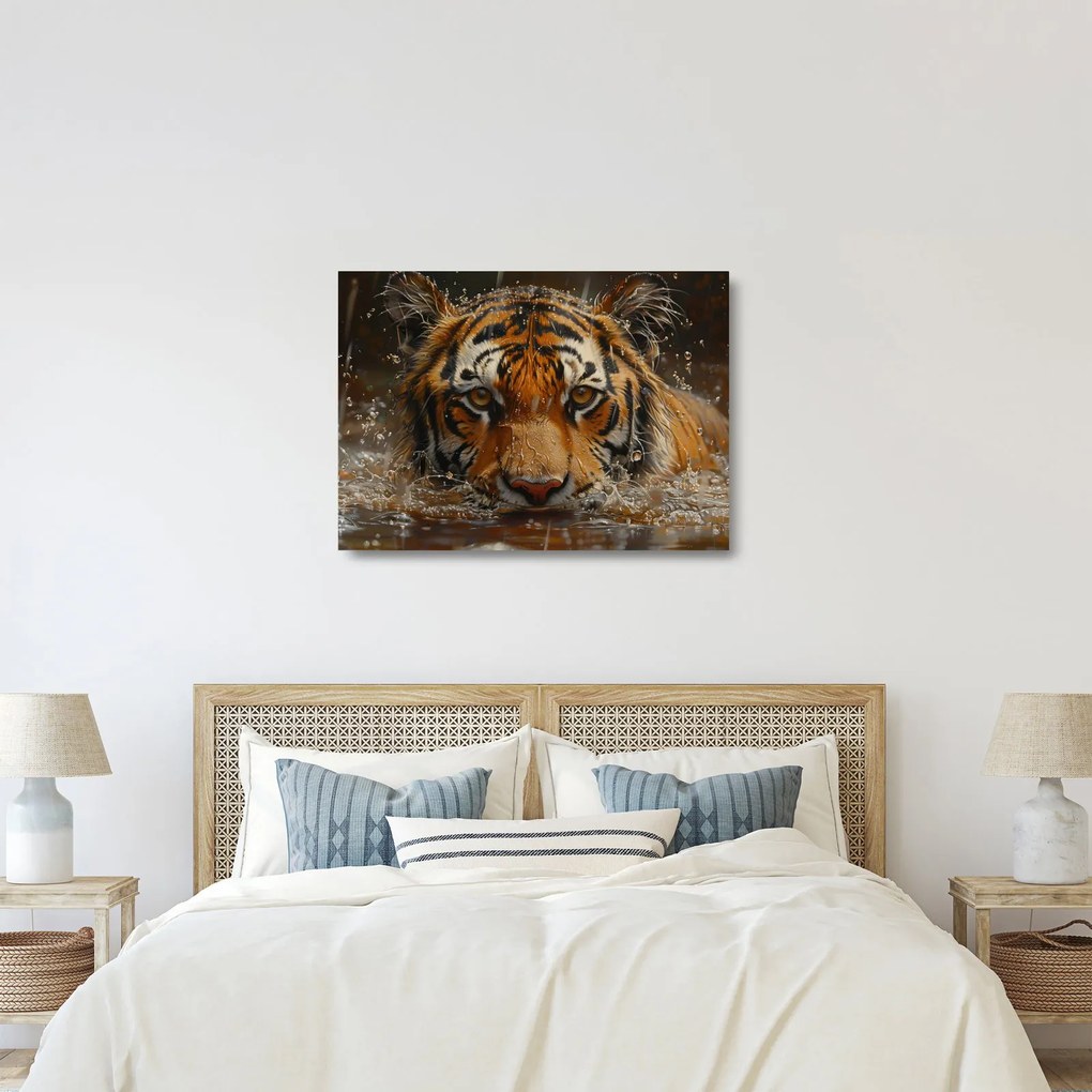 Sklenený obraz - Portrét tigra vo vode (70x50 cm)